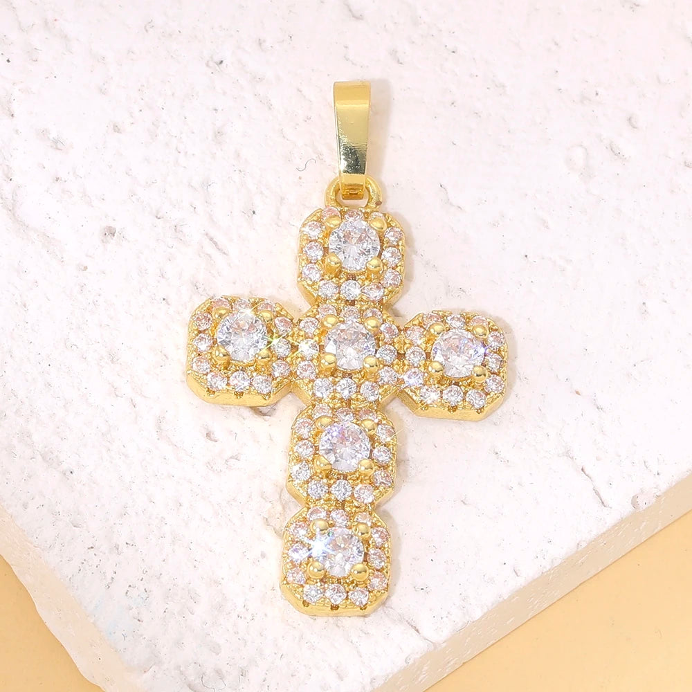 18K Real Gold Plated Enamel Cubic Zirconia Christian Cross Charms For DIY Religious Christmas Pendant Rosary Jewelry Making