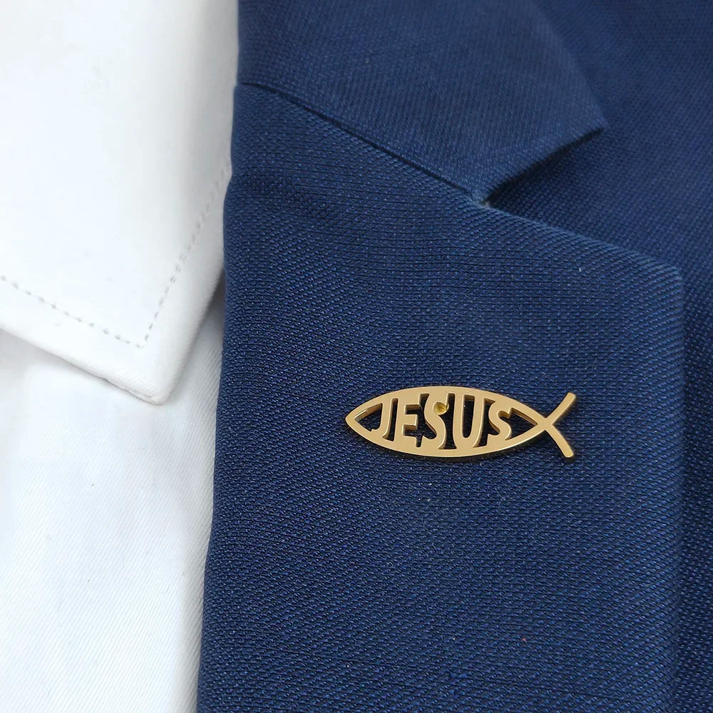 Stainless Steel Jesus Letter Fish Brooch Men's Shirt Suit Badge Pins Fashion Jewelry Accessories Religious Christian Gift