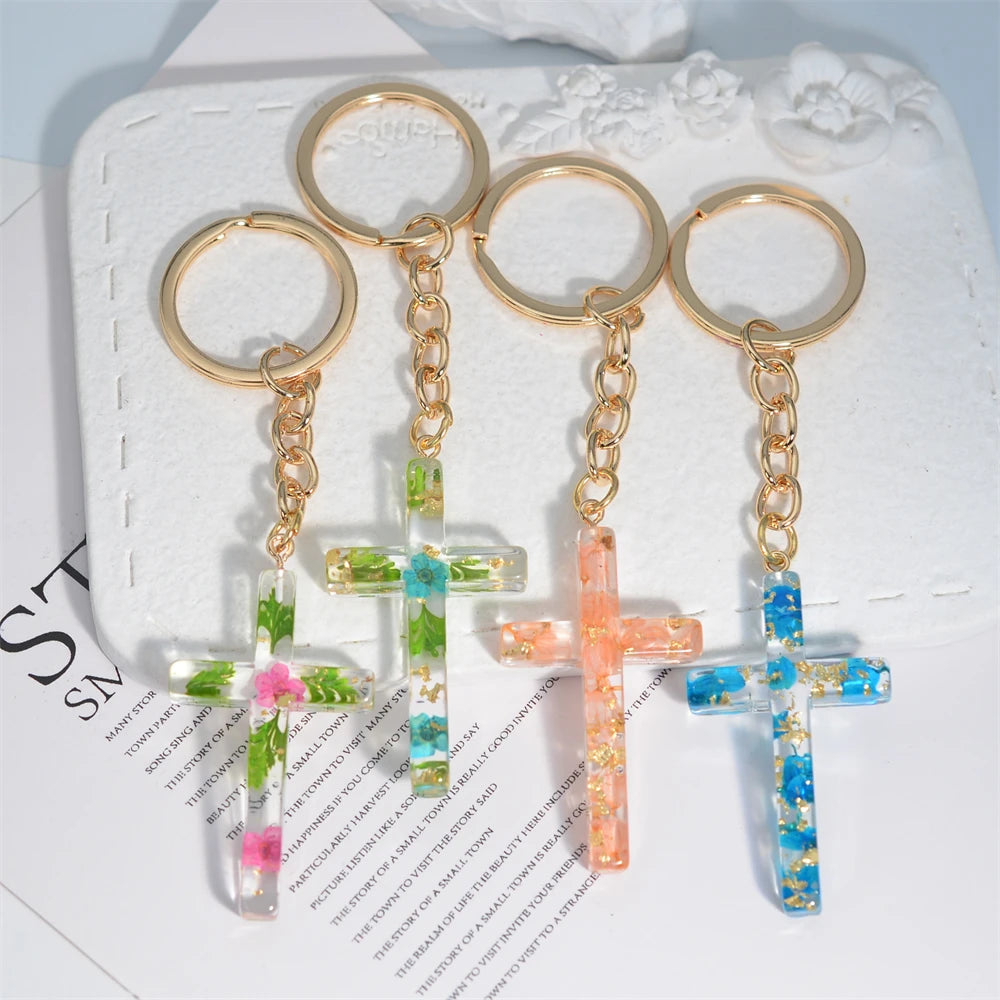 Fashion Multicolor Acrylic Cross Keychain Dry Flower Star Fill Resin Keyring for Women Men Car Bag Phone Pendant Christian Gifts