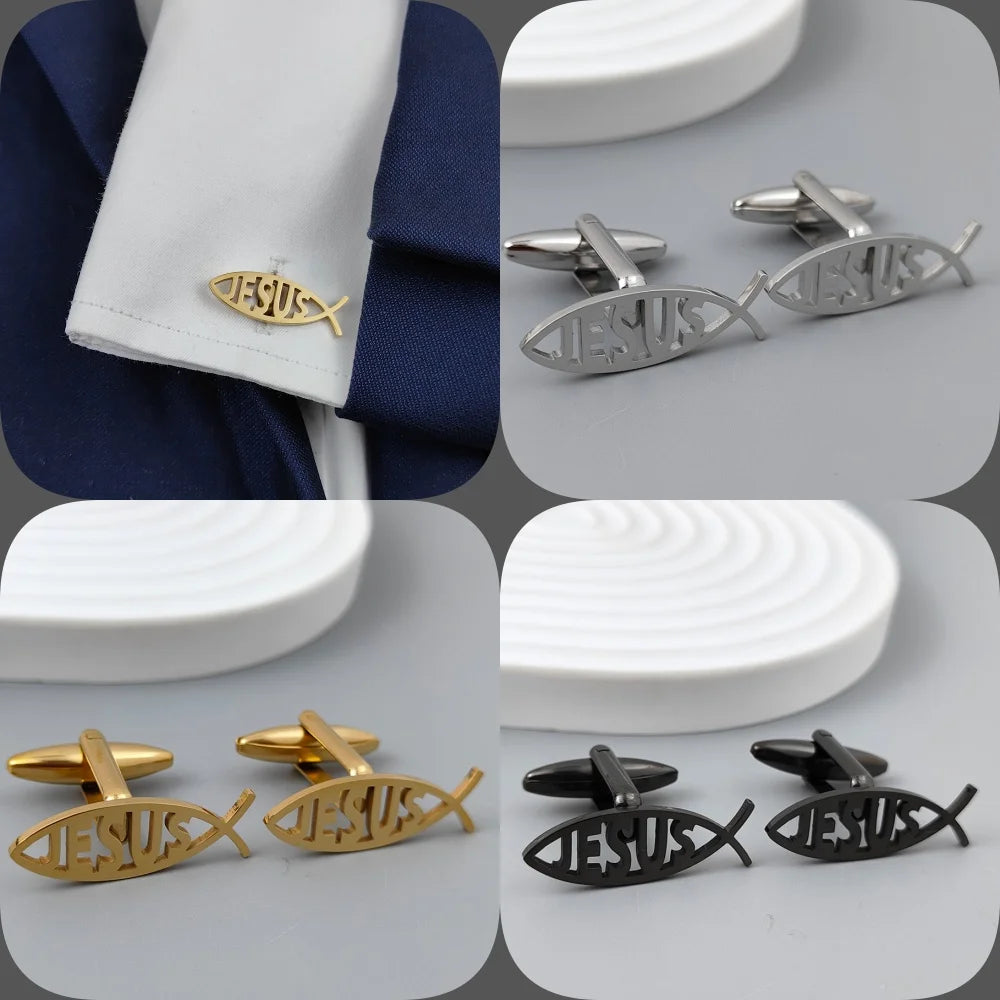 Stainless Steel Jesus Letter Fish Brooch Men's Shirt Suit Badge Pins Fashion Jewelry Accessories Religious Christian Gift