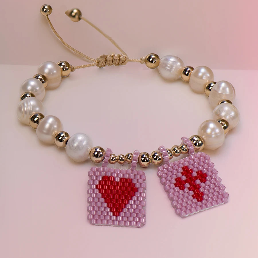 Woven Pearl Cross Heart Bracelet Beaded Miyuki Boho Christian Religious Charm Jewelry Womens 2025 um Fashion Love Blessing Gift