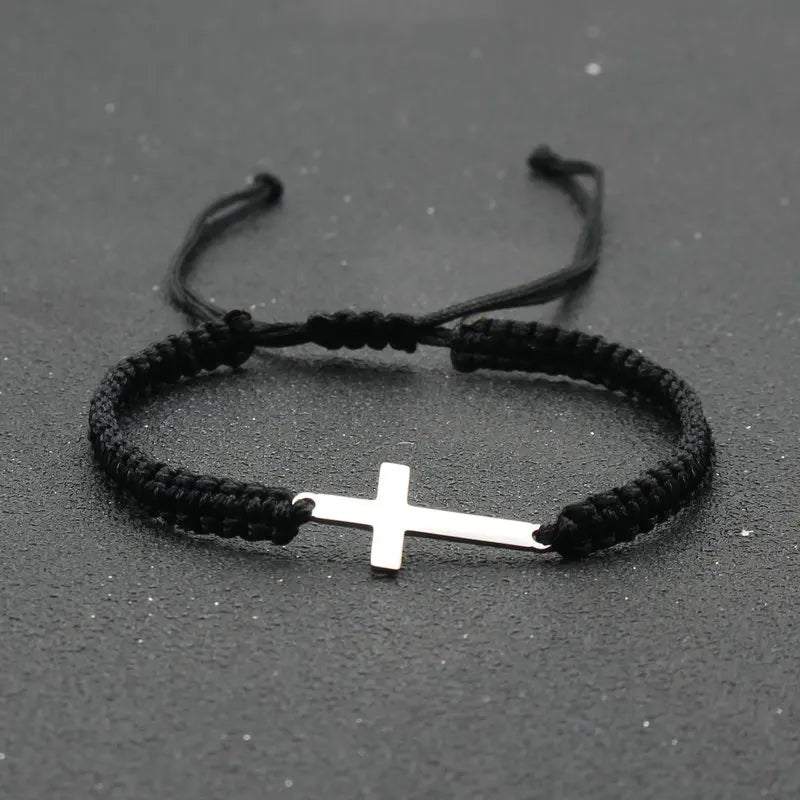 Simple Cross Black White Braided Rope Couple Bracelets Silver Color Adjustable Bracelet Christian Jewelry