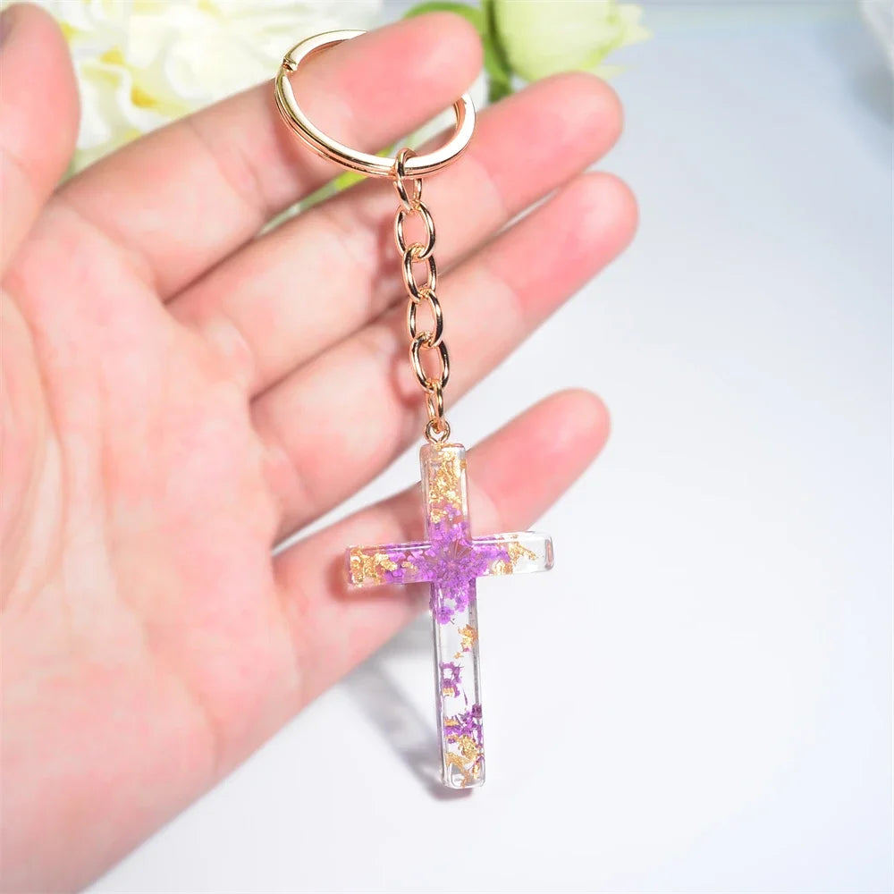 Fashion Multicolor Acrylic Cross Keychain Dry Flower Star Fill Resin Keyring for Women Men Car Bag Phone Pendant Christian Gifts