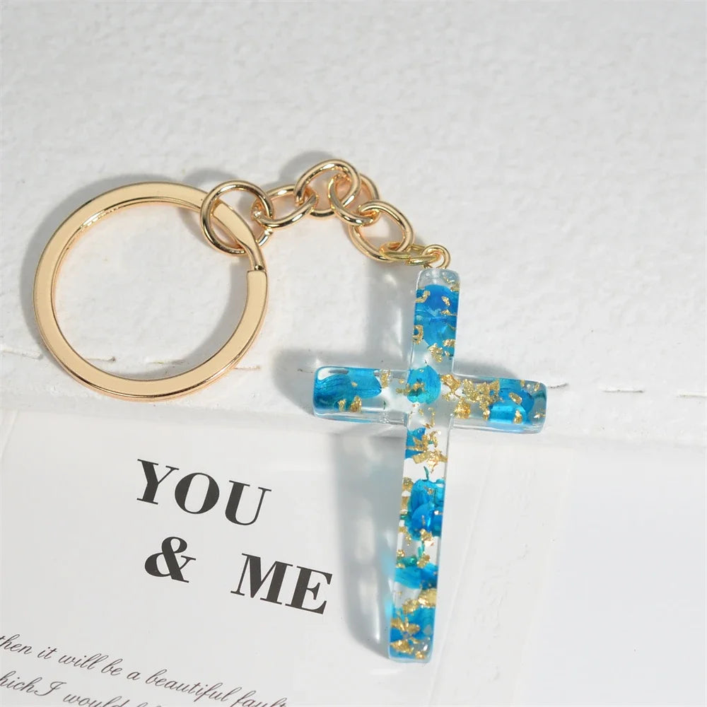 Fashion Multicolor Acrylic Cross Keychain Dry Flower Star Fill Resin Keyring for Women Men Car Bag Phone Pendant Christian Gifts