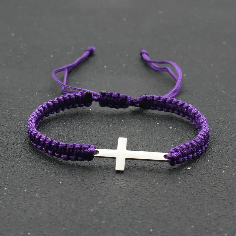 Simple Cross Black White Braided Rope Couple Bracelets Silver Color Adjustable Bracelet Christian Jewelry