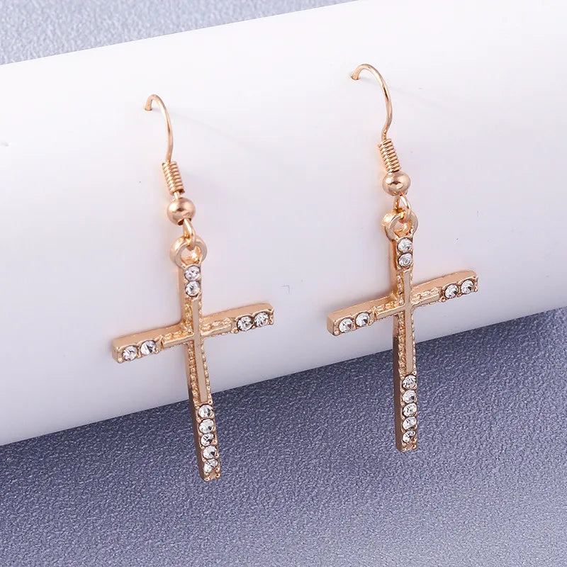 Fashion Zircon Crystal Cross Earrings for Women Men Gothic Punk Hip Hop Jesus Crucifix Dangle Earring Christian Party Jewelry