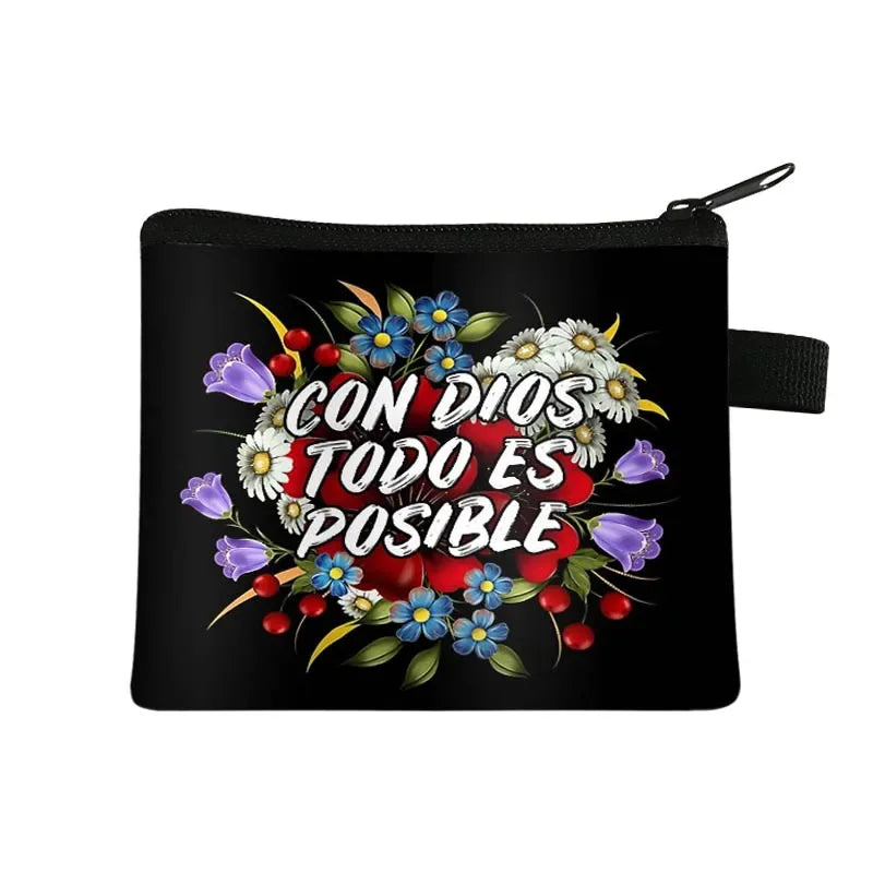 Christian Gift Bible Verse Wallet  Women Coin Purse Con Dios Todo Es Posible Money Bag Small Handbag Floral Purses