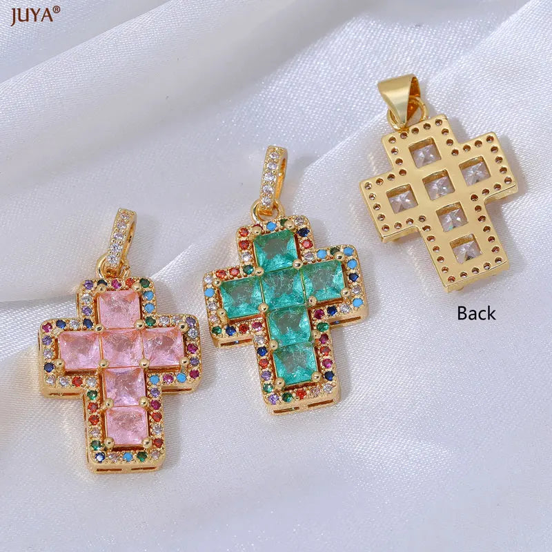 Luxury Natural Zircon Cross Talisman Charms 18k Gold Plated Pendants For Women Necklaces DIY Jewelry Making Accessories