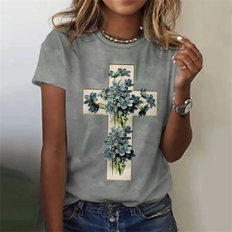Fashion Jesus Cross Pattern Women T-shirt Trend Summer Short Sleeve 3D Printed Christian T Shirt Casual Streetwear Oversized Tee