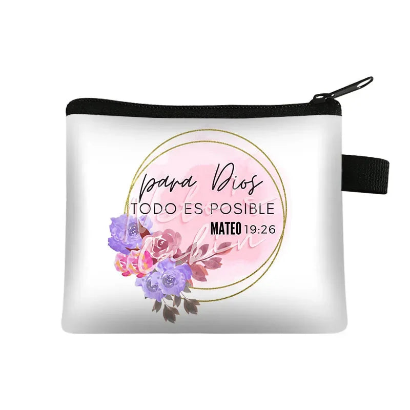 Christian Gift Bible Verse Wallet  Women Coin Purse Con Dios Todo Es Posible Money Bag Small Handbag Floral Purses