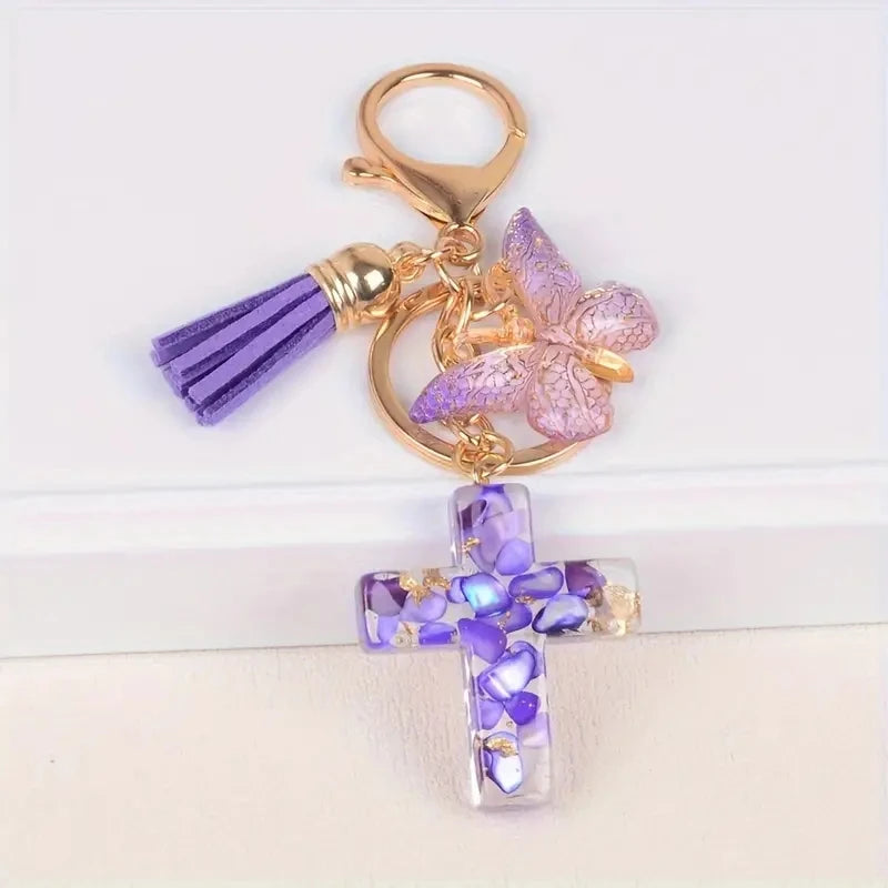 Cross Butterfly Keychain Christian Cute Resin Key Chain Ring Purse Bag Backpack Charm Car Ornament Earbud Case Accessories Gift