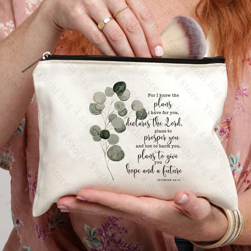 Bible Scripture Jeremiah 29:11 for I Know The Plans Watercolor Eucalyptus Leaf Pattern Makeup Cosmetic Bag Christian Religious