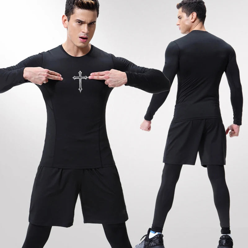 Cross Print Compression Shirt for Men Christian Athletic Tshirt Tees Tops Gym Workout Running Baselayers Undershirts Rash Guard