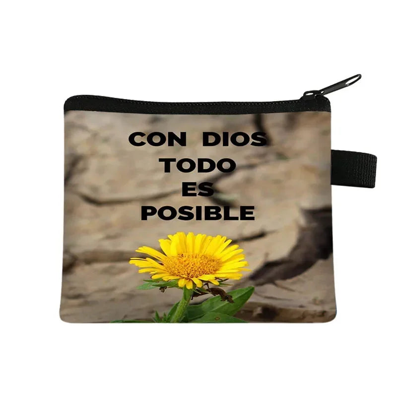 Christian Gift Bible Verse Wallet  Women Coin Purse Con Dios Todo Es Posible Money Bag Small Handbag Floral Purses