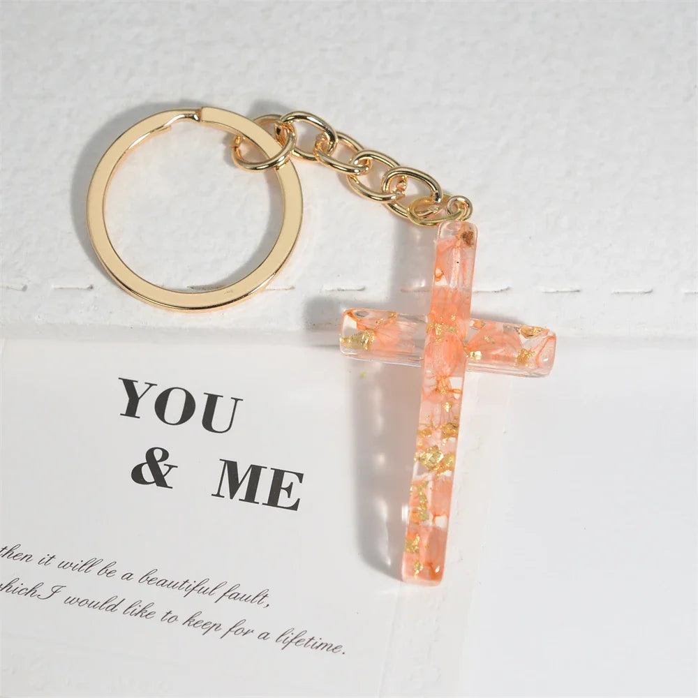 Fashion Multicolor Acrylic Cross Keychain Dry Flower Star Fill Resin Keyring for Women Men Car Bag Phone Pendant Christian Gifts