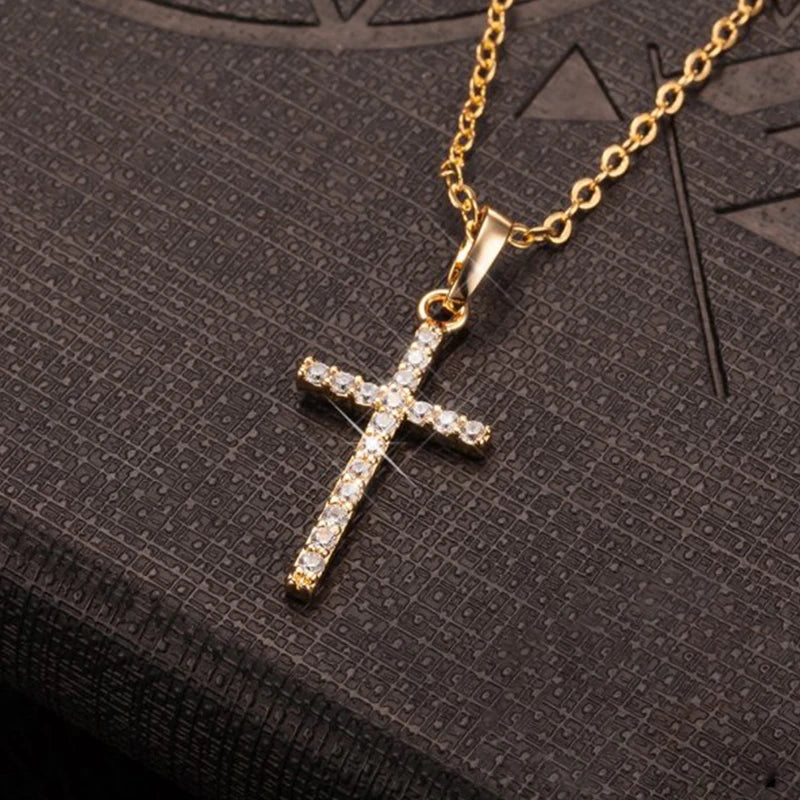 Japan Korea Heart Hollowed Pendant Minimalist Cross Necklace For Women Girl Senior Rhinestone Christian Jewelry Accessories Gift