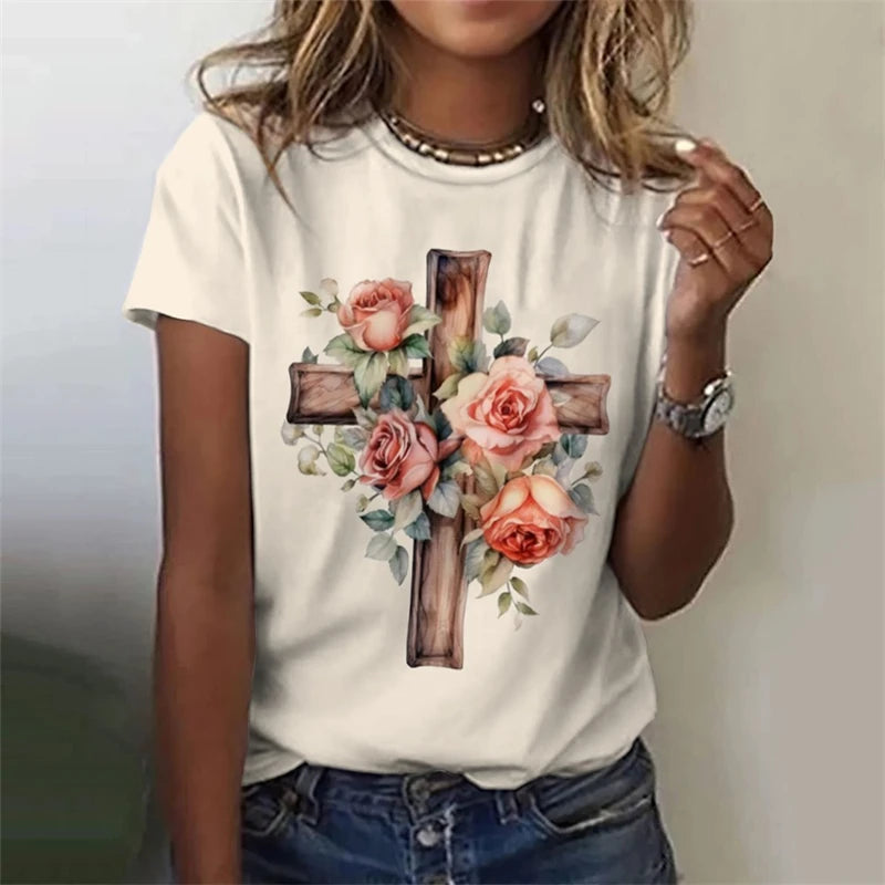 Fashion Jesus Cross Pattern Women T-shirt Trend Summer Short Sleeve 3D Printed Christian T Shirt Casual Streetwear Oversized Tee