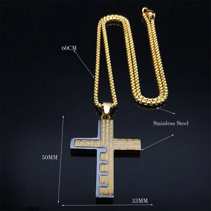 Cross Christian Church Prayer Necklace Men Stainless Steel Gold Color Bible Amulet Necklaces Jewelry