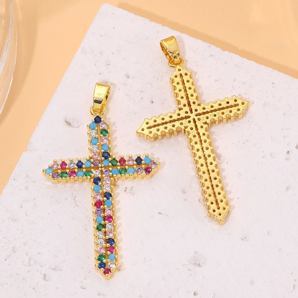 18K Real Gold Plated Enamel Cubic Zirconia Christian Cross Charms For DIY Religious Christmas Pendant Rosary Jewelry Making