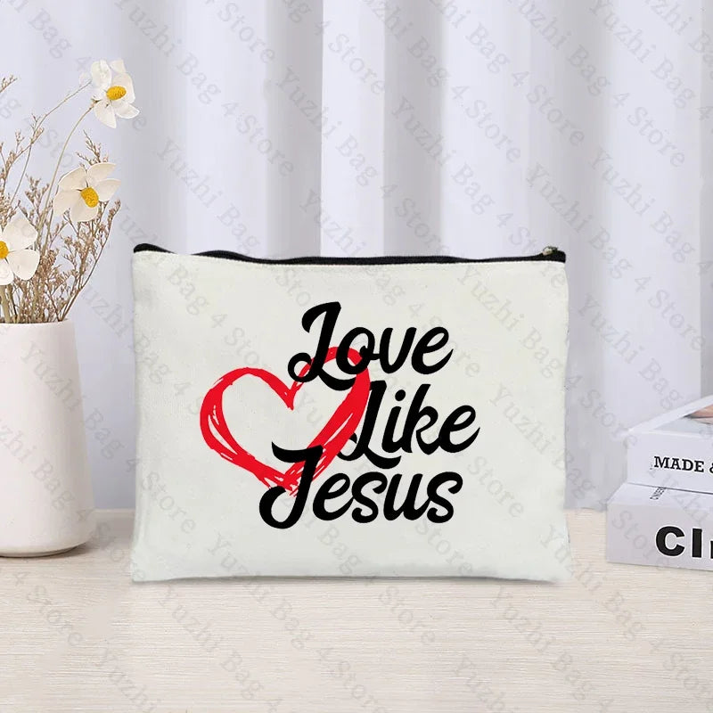 Love Jesus Pattern Zipper Makeup Bag Christianity Catholicism Cosmetic Cases Faith in Jesus Christ Travel Lipstick Pouch Gifts