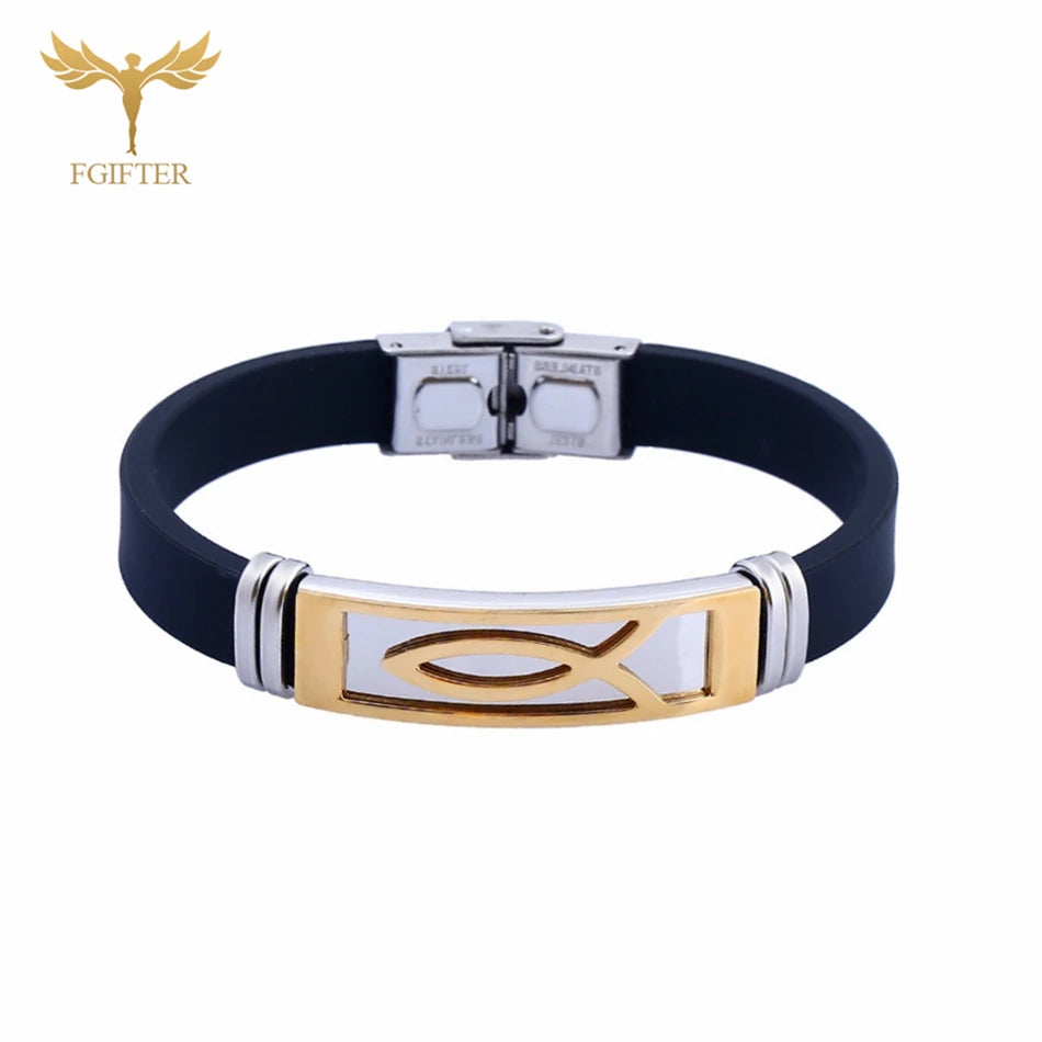 Christian Jesus Fish Cross Bracelet Ichthys Ichtus Symbol Stainless Steel Accessories Silicone Wristband Washable Summer Jewelry