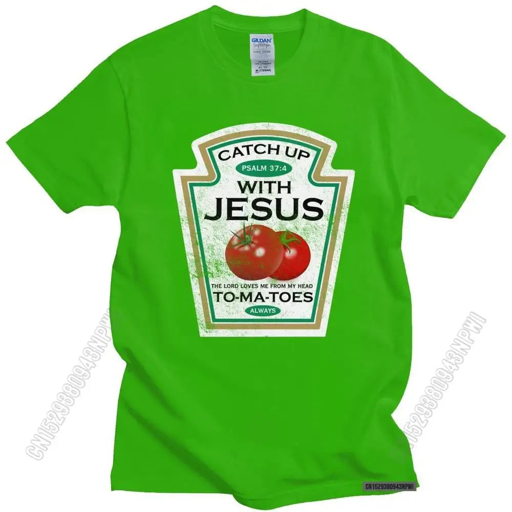 Funny Catch Up With Jesus T Shirt Men Vintage Vegan Tomato T-Shirt Christian Gift Veganism O-Neck Cotton Tee Merchandise