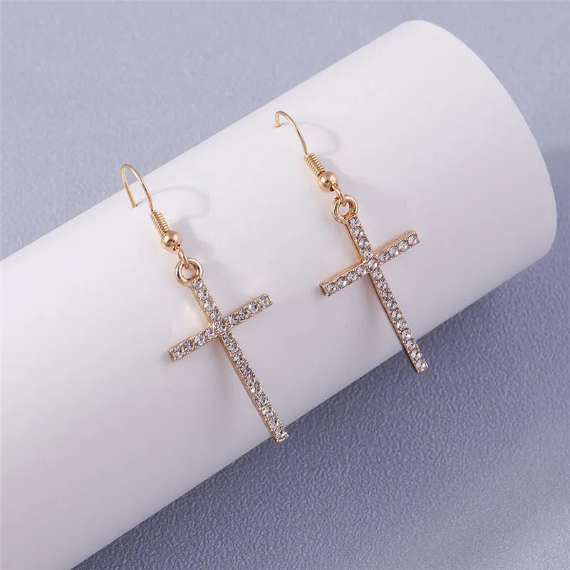 Fashion Zircon Crystal Cross Earrings for Women Men Gothic Punk Hip Hop Jesus Crucifix Dangle Earring Christian Party Jewelry