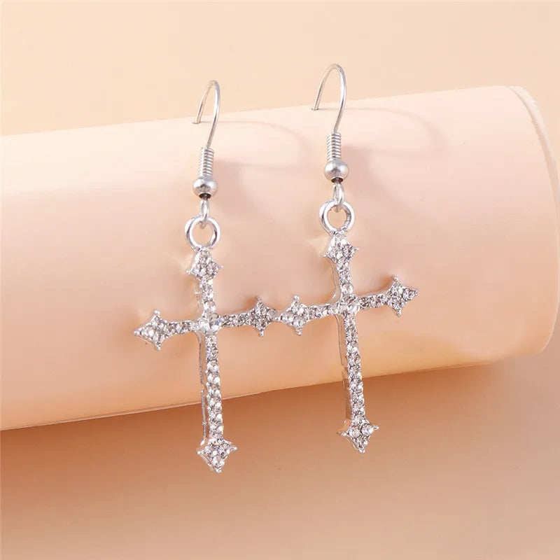 Fashion Zircon Crystal Cross Earrings for Women Men Gothic Punk Hip Hop Jesus Crucifix Dangle Earring Christian Party Jewelry