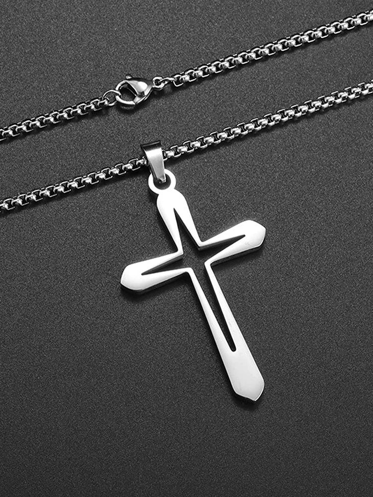 Fashion Design Simple Hollow Cross Pendant Men\'s Hip Hop Stainless Steel Necklace Religious Christian Amulet Jewelry