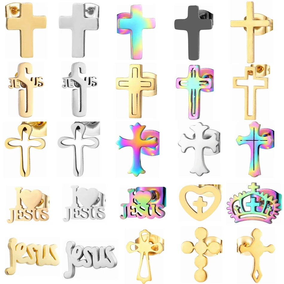 12 Pairs Pack Stainless Steel Earrings Set Cross Jesus Ear Studs Piercing Jewelry Wholesale Christian Catholicism Accessories