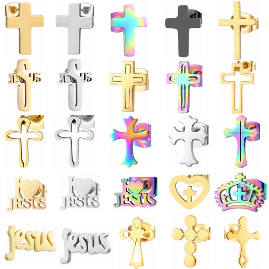 12 Pairs Pack Stainless Steel Earrings Set Cross Jesus Ear Studs Piercing Jewelry Wholesale Christian Catholicism Accessories