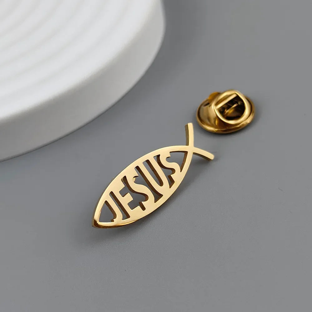 Stainless Steel Jesus Letter Fish Brooch Men's Shirt Suit Badge Pins Fashion Jewelry Accessories Religious Christian Gift