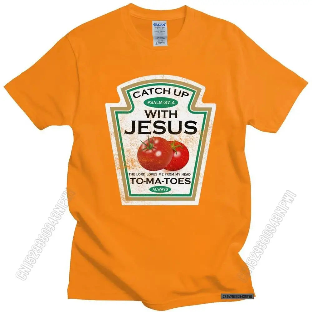 Funny Catch Up With Jesus T Shirt Men Vintage Vegan Tomato T-Shirt Christian Gift Veganism O-Neck Cotton Tee Merchandise
