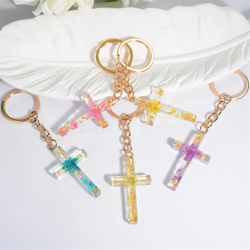 Fashion Multicolor Acrylic Cross Keychain Dry Flower Star Fill Resin Keyring for Women Men Car Bag Phone Pendant Christian Gifts