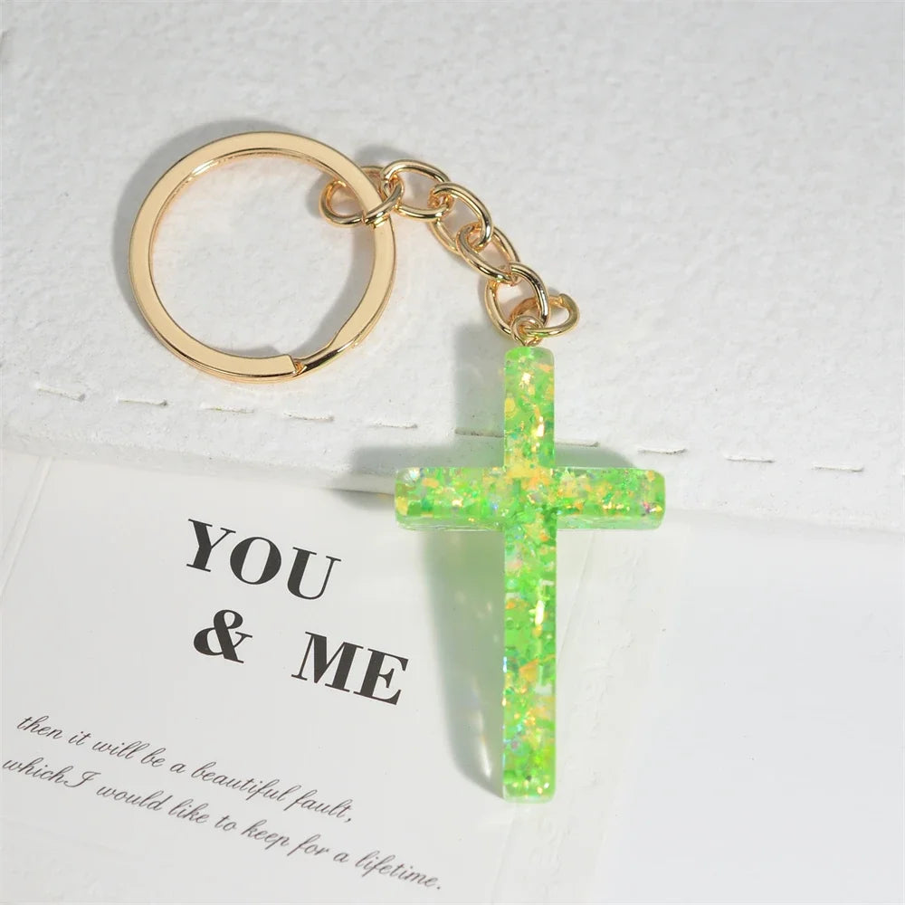 Fashion Multicolor Acrylic Cross Keychain Dry Flower Star Fill Resin Keyring for Women Men Car Bag Phone Pendant Christian Gifts