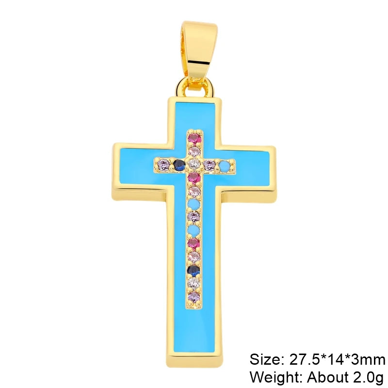 18K Real Gold Plated Enamel Cubic Zirconia Christian Cross Charms For DIY Religious Christmas Pendant Rosary Jewelry Making