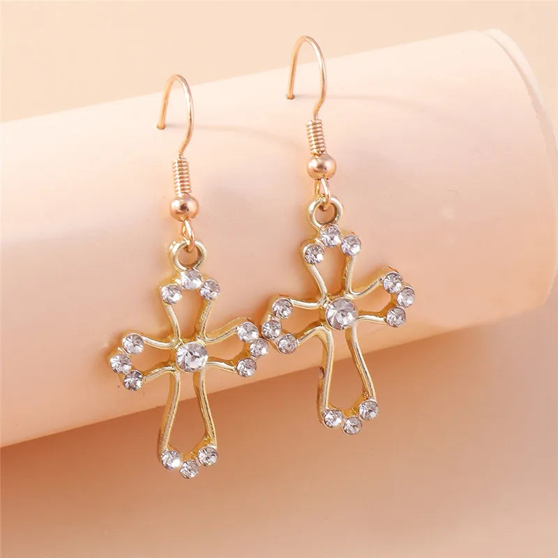 Fashion Zircon Crystal Cross Earrings for Women Men Gothic Punk Hip Hop Jesus Crucifix Dangle Earring Christian Party Jewelry