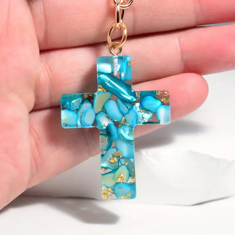 Colorful Sequin Filled Resin Cross Keychain Exquisite Butterfly Pendant Keyring for Women Handbag Accessories Christianity Gift