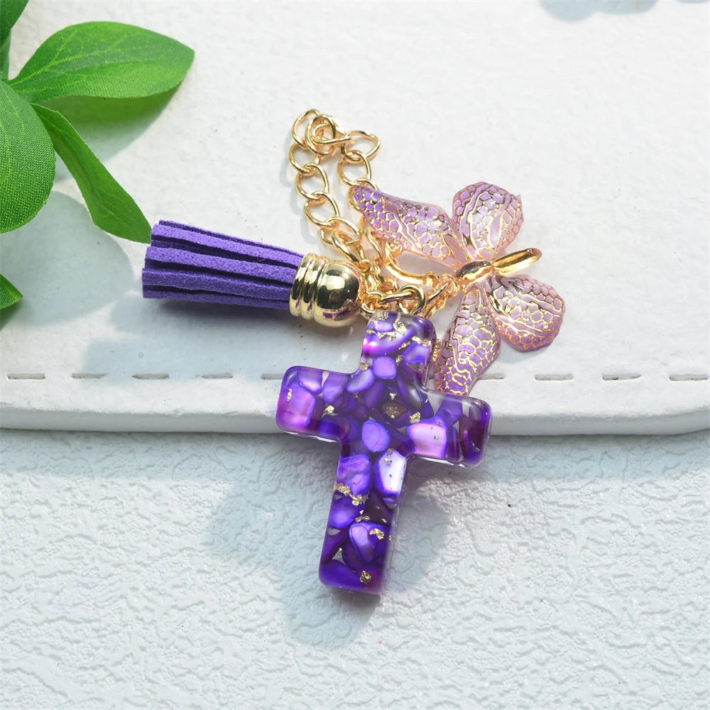 Colorful Sequin Filled Resin Cross Keychain Exquisite Butterfly Pendant Keyring for Women Handbag Accessories Christianity Gift