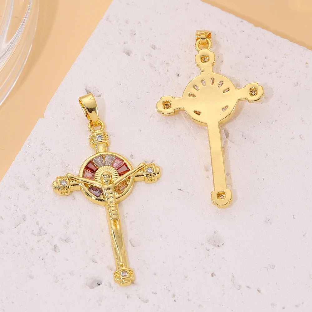 18K Real Gold Plated Enamel Cubic Zirconia Christian Cross Charms For DIY Religious Christmas Pendant Rosary Jewelry Making