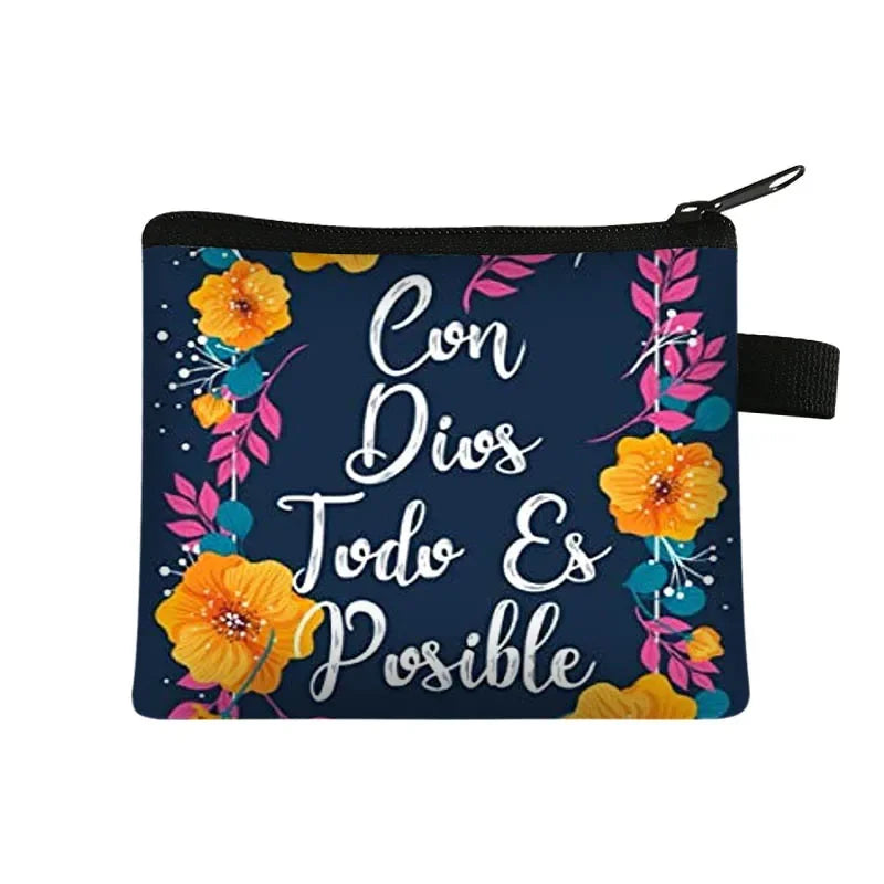 Christian Gift Bible Verse Wallet  Women Coin Purse Con Dios Todo Es Posible Money Bag Small Handbag Floral Purses