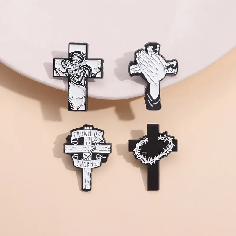 Christian Cross Enamel Pins Jesus Crown Of Thorns Brooches Backpack Clothes Shirt Lapel Badges Punk Gothic Bags Pin Accessories