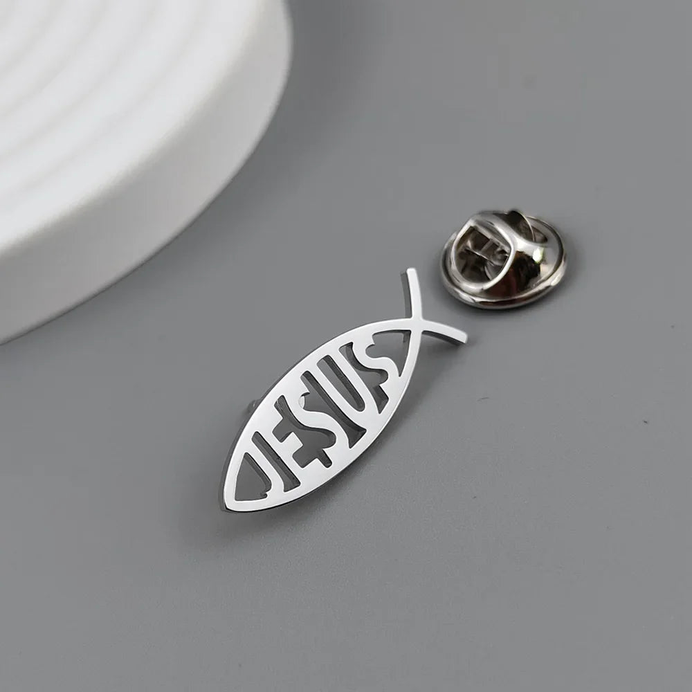 Stainless Steel Jesus Letter Fish Brooch Men's Shirt Suit Badge Pins Fashion Jewelry Accessories Religious Christian Gift