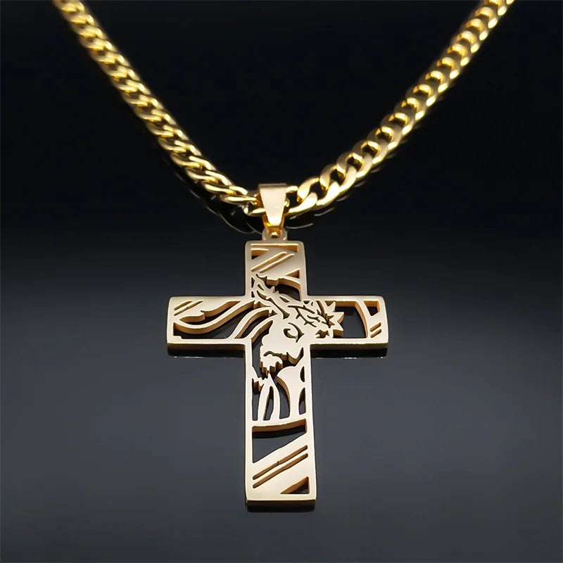 Crown of Thorns Jesus Cross Necklace for Men Stainless Steel Gold Plated Crucifix Pendant Necklaces Jewelry N8052