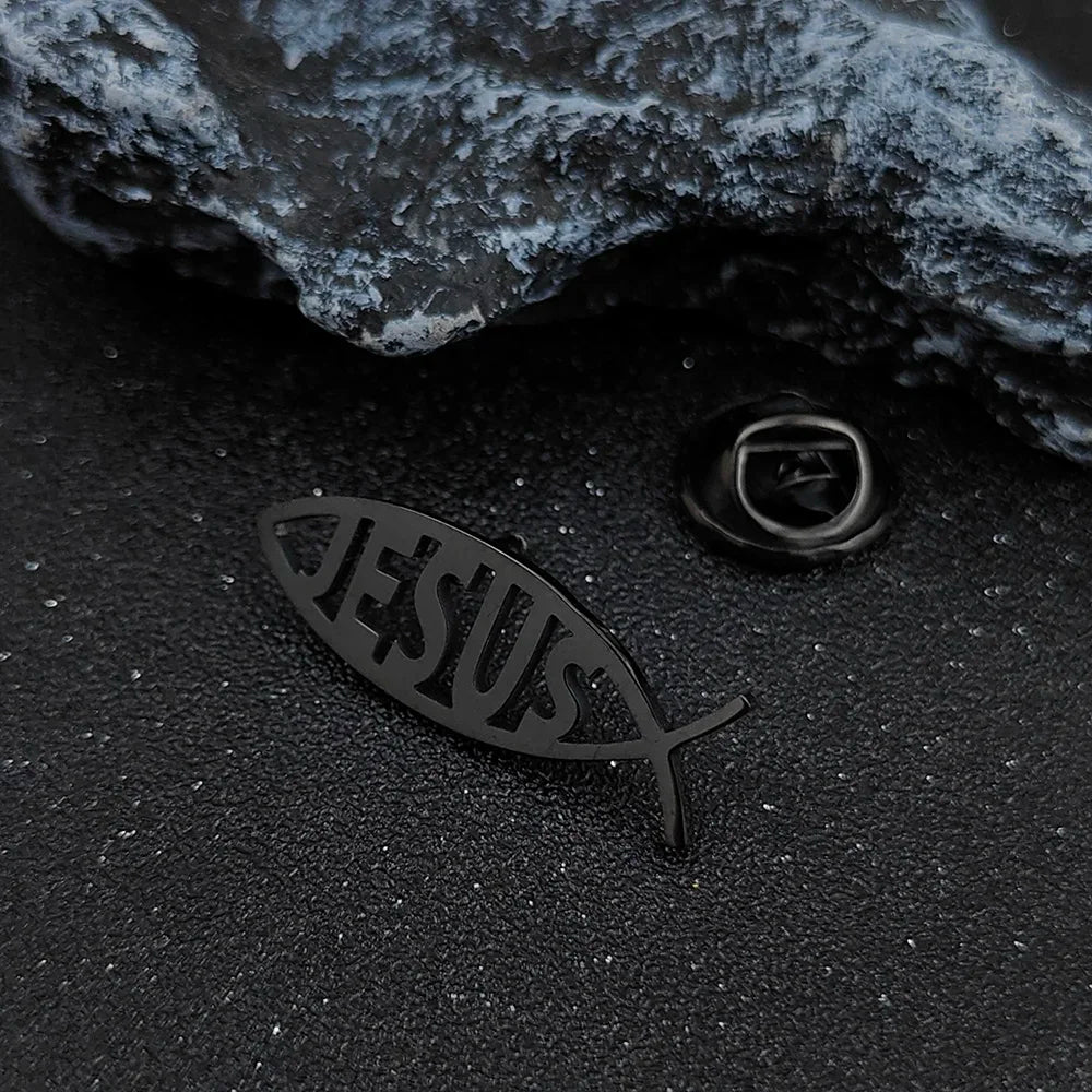 Stainless Steel Jesus Letter Fish Brooch Men's Shirt Suit Badge Pins Fashion Jewelry Accessories Religious Christian Gift