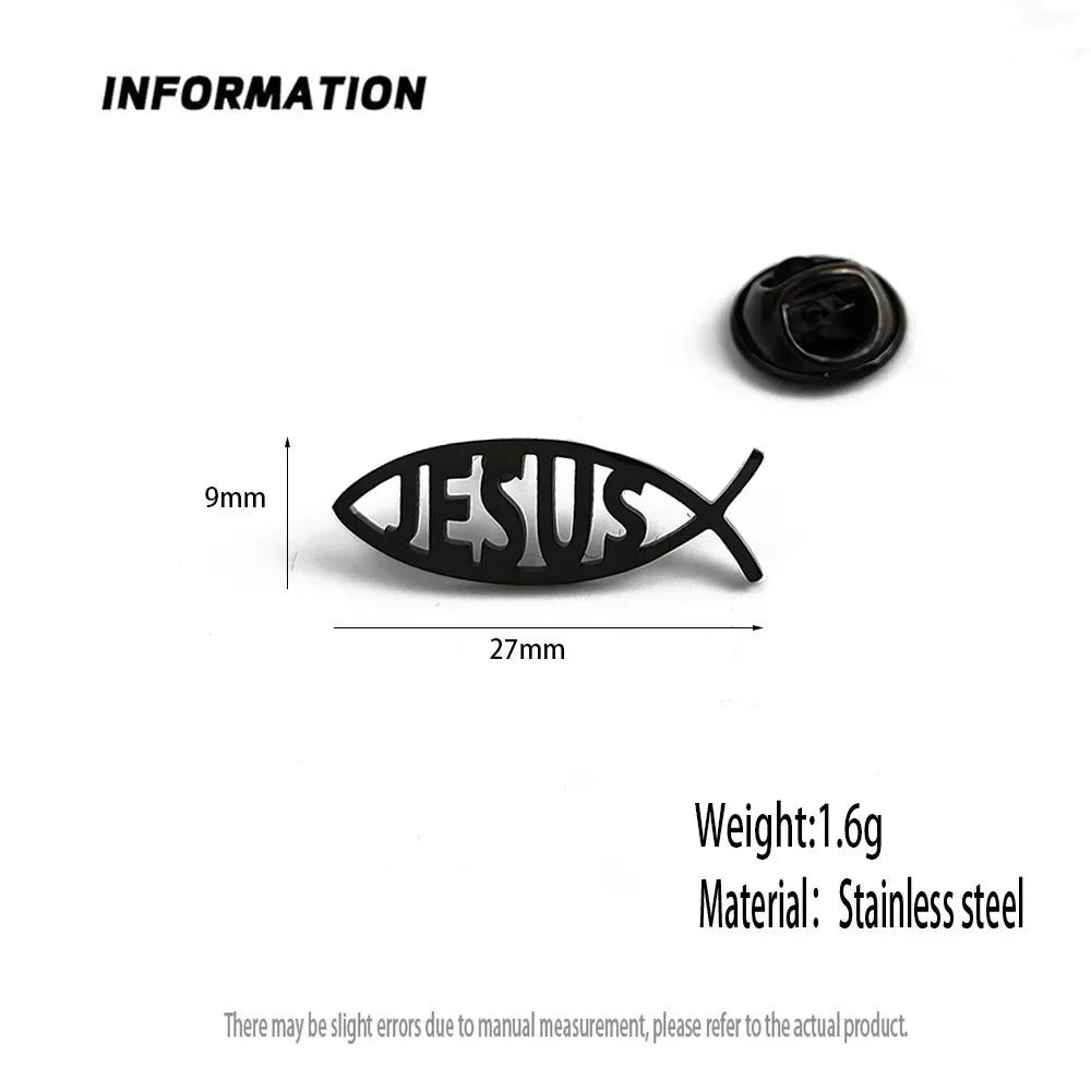 Stainless Steel Jesus Letter Fish Brooch Men's Shirt Suit Badge Pins Fashion Jewelry Accessories Religious Christian Gift