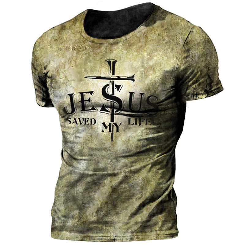 Templar 3D Printed Jesus Christ Cross Men's Retro Street Oversized Casual Loose Comfortable Round Neck Short Sleeve T-shirt Tops