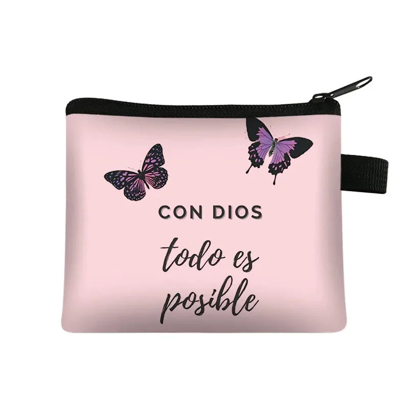 Christian Gift Bible Verse Wallet  Women Coin Purse Con Dios Todo Es Posible Money Bag Small Handbag Floral Purses