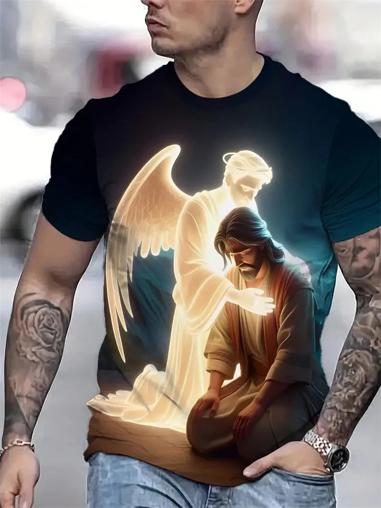 Cross Warrior With Lion Print Fashion Comfort Men's T-shirt Outdoor Street Trend Fashion Men's Top Jesus Print Men's Y2K Top