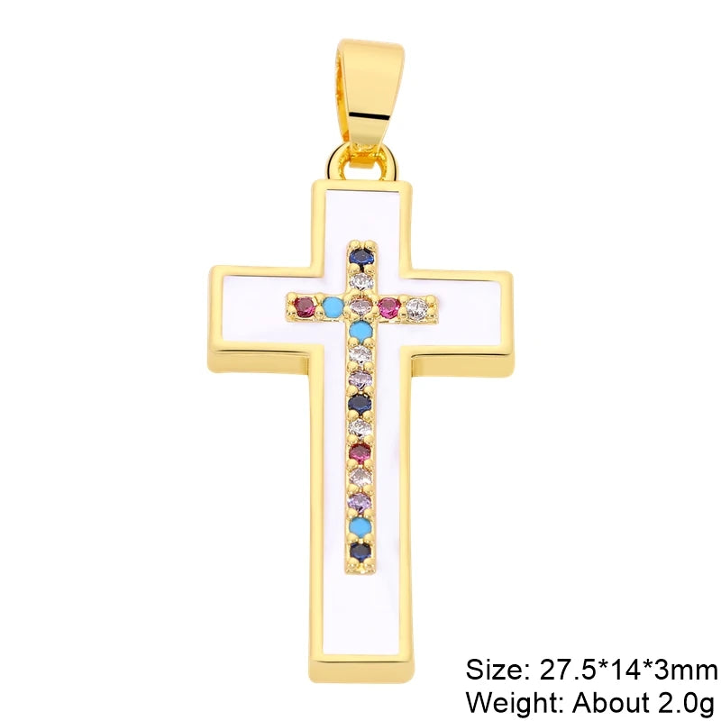 18K Real Gold Plated Enamel Cubic Zirconia Christian Cross Charms For DIY Religious Christmas Pendant Rosary Jewelry Making